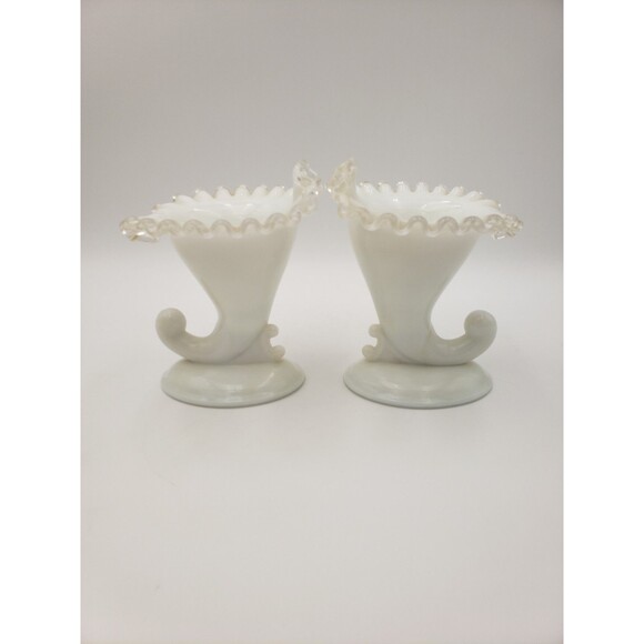 Pair Of Fenton Silver Crest Cornucopia Candleholders 1958-1970 MCM Milk Glass - Picture 11 of 11